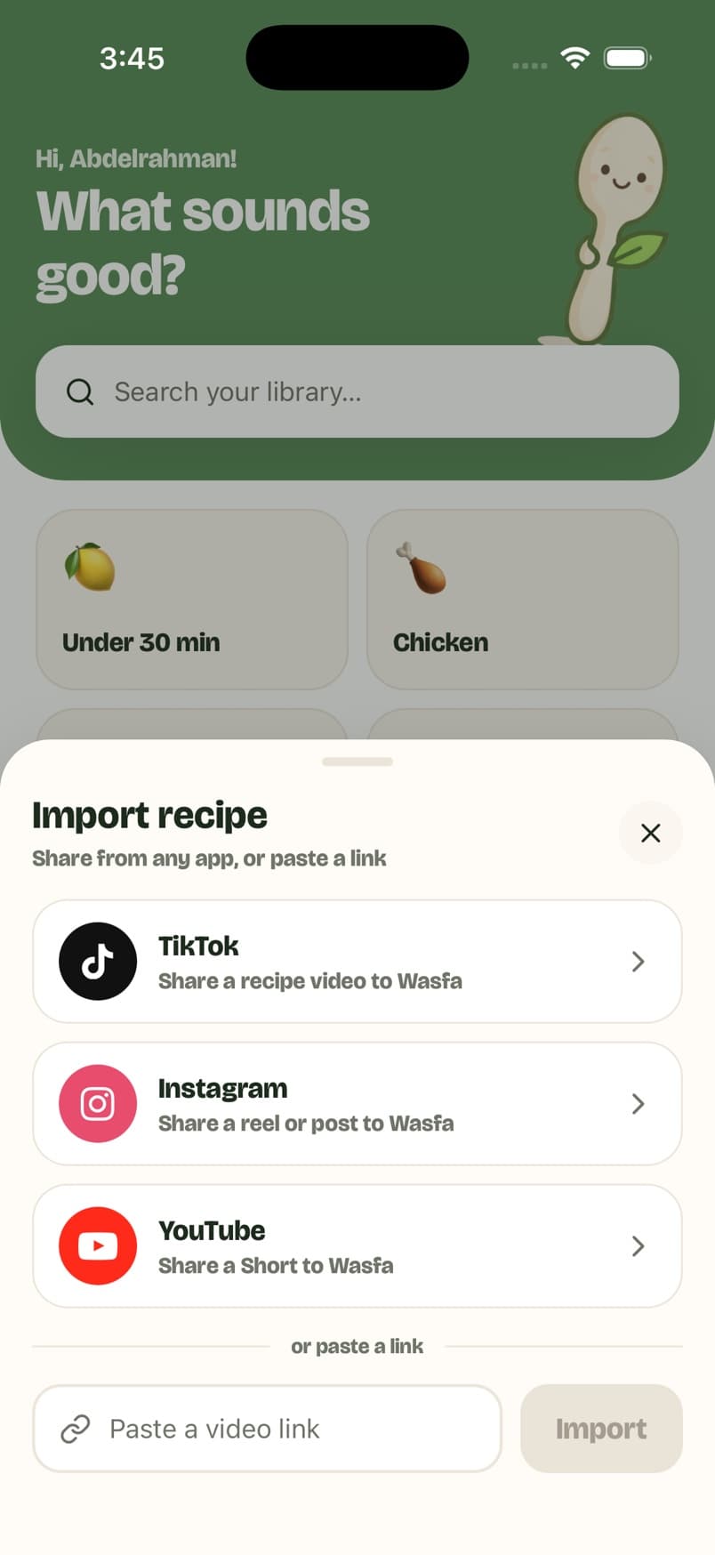 The Wasfa import sheet with TikTok, Instagram and YouTube options